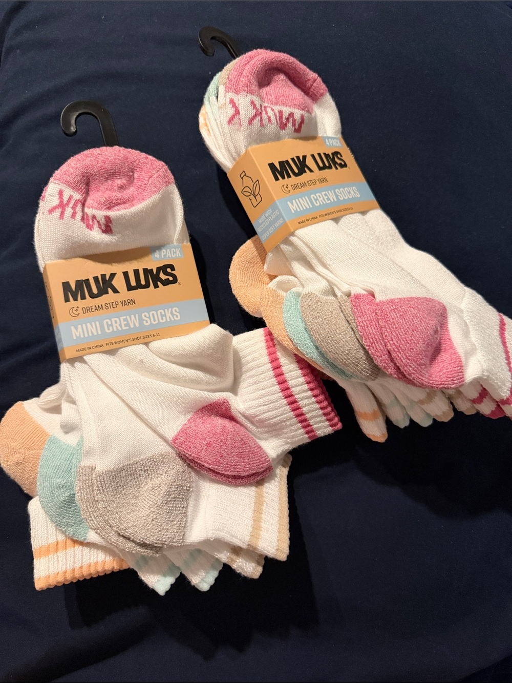 Muk Luks White Mini Crew Socks with Pink, Peach & Mint Accents (4 Pack) x2 packs